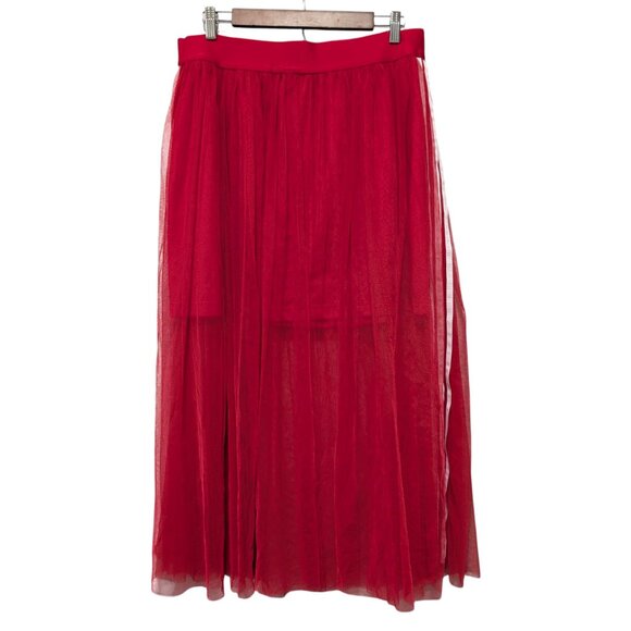 Adidas Womens Size XL Red Tulle Mesh Overlay 3 Side Stripes Pullon Midi Skirt - Picture 2 of 11